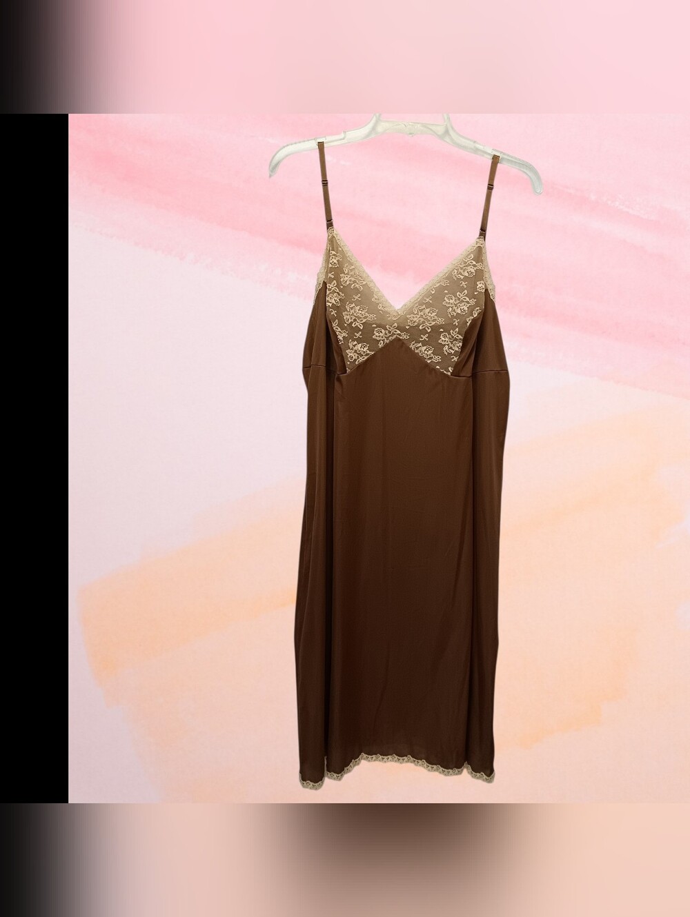 Vintage Vanity Fair Lace-Trim Slip Dress in Chocolate Brown & Cream Made In USA